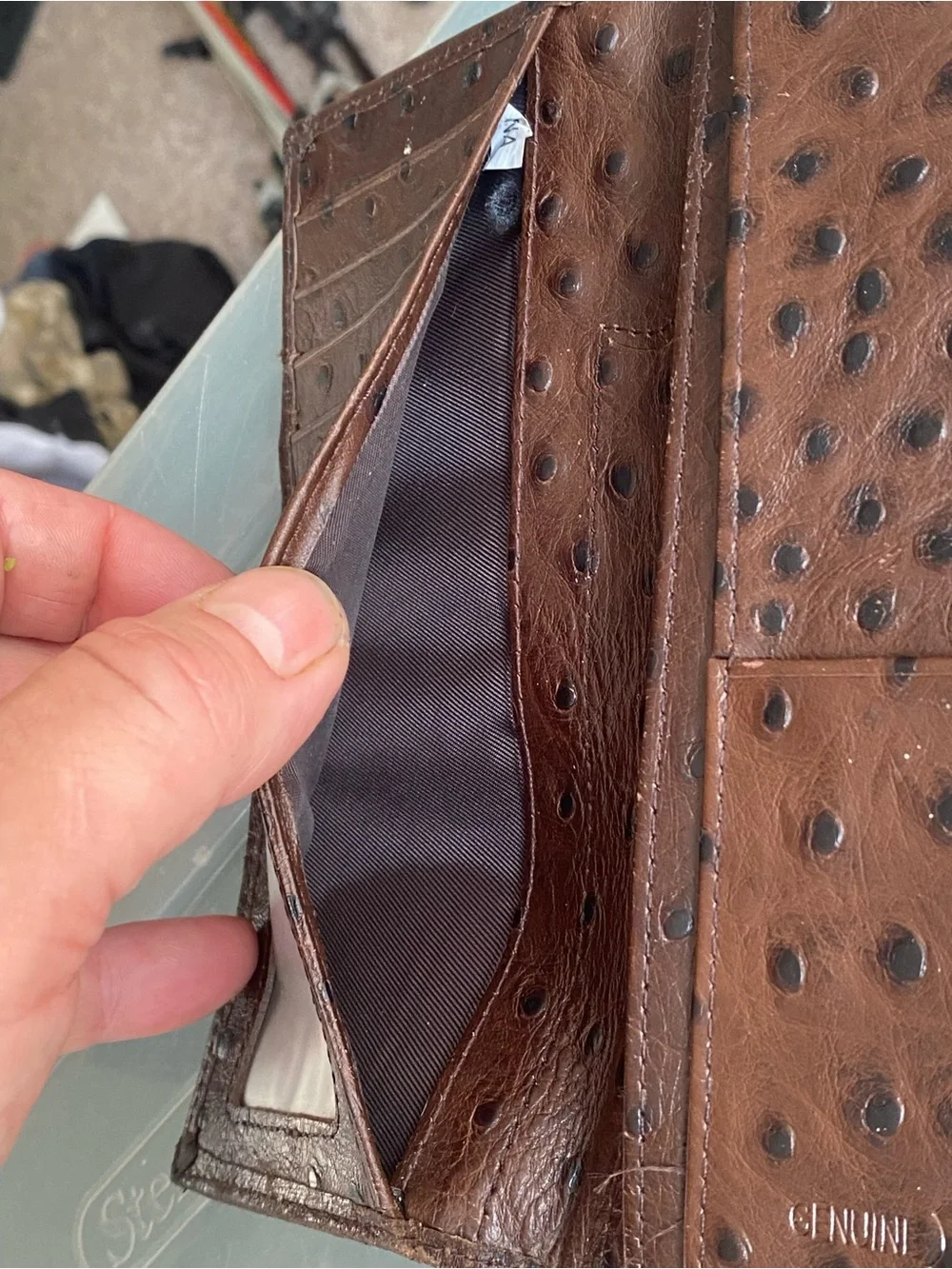 TOP NOTCH HORSE HAIR MEN'S QUILL OSTRICH PRINT BROWN WALLET